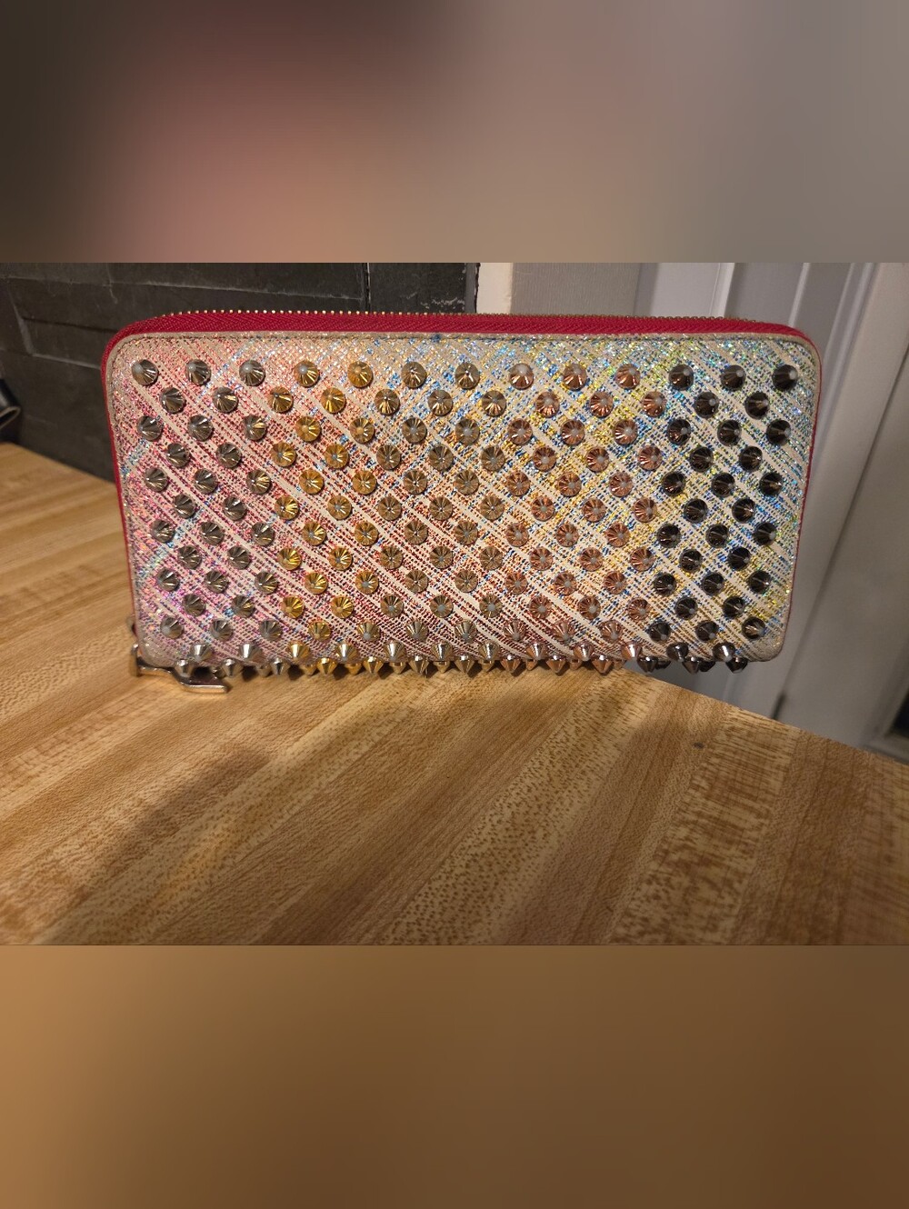 Christian Louboutin EUC Irradescent Spiked Full Zip Around wallet